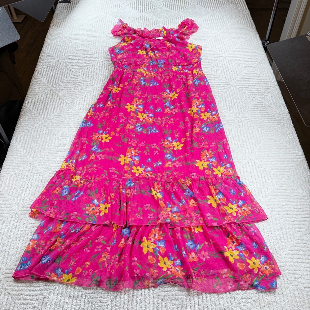 Old Navy Floral Maxi Dress Women's XL Pink Smocked Ruffle Cottagecore Boho Tier